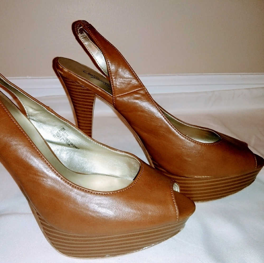 Light brown open toe heels